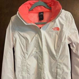 The North Face rain jacket. White, with bright pink on inside. Size small.